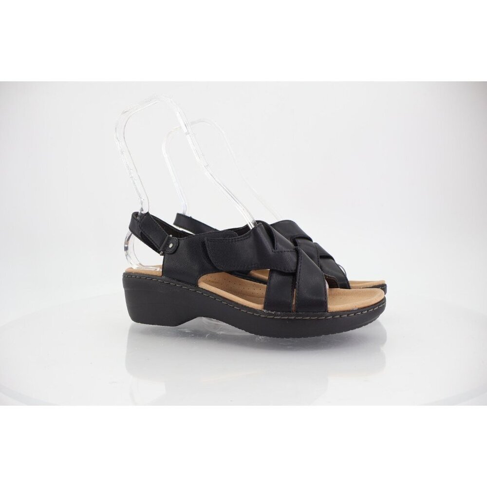 Clarks Merliah Echo Sandals Womens Size 9 Black Leather Slingback Wedge Strappy